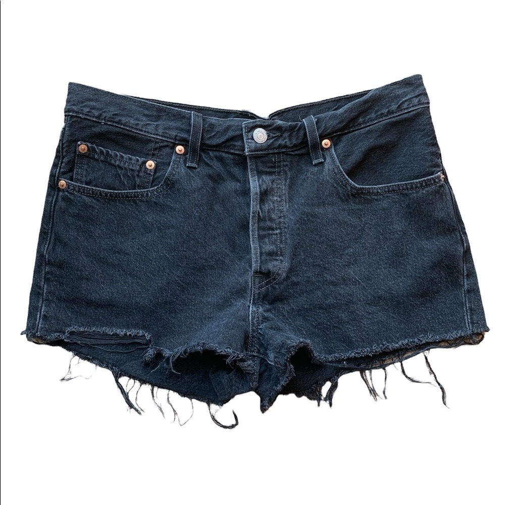 Levi Strauss 501 fly button black distressed jean shorts